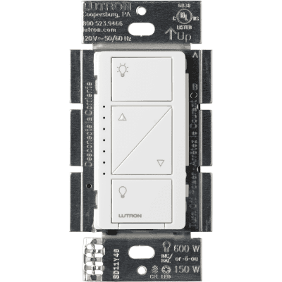 (Caseta Wireless) Atenuador de pared. Aumenta/Disminuye Intensidad de Iluminación.  No requiere cable neutro. 150W LED / 600W INC/HAL