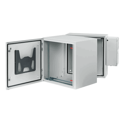 Gabinete Industrial ProTek de Puerta Sólida, Con Aire Acondicionado de 4000 BTU, Protección NEMA Tipo 4/12; IP66; IK10, Abatible, Fabricado en Acero, 19 UR, Color Gris Claro