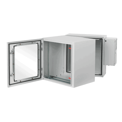 Gabinete Industrial ProTek de Puerta con Ventana, Con Aire Acondicionado de 800 BTU, Protección NEMA Tipo 4/12; IP66; IK10, Abatible, Fabricado en Acero, 19 UR, Color Gris Claro