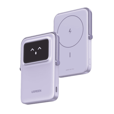 Power Bank Serie UNO Inalambrico | 10000mAh | 7.5W/20W  |  Con Emojis de Estado | Carga Rápida USB-C Bidireccional  | Pantalla TFT  Inteligente | Con Holder | Color Purple.