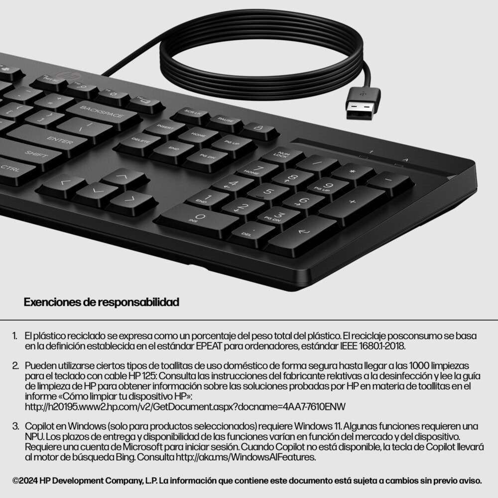 Teclado HP 125 (AY2Y7AA#ABM). Conectividad Plug and Play, Color Negro. AY2Y7AA#ABM 4