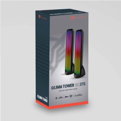 Bocinas 2.0 Gamer Glimm Tower BG575 Balam Rush Conexión Bluetooth/Auxiliar, iluminación LED 3 modos, 10w RMS. Sonido estéreo, Alimentación 5 Vcc 1A, Tipo d