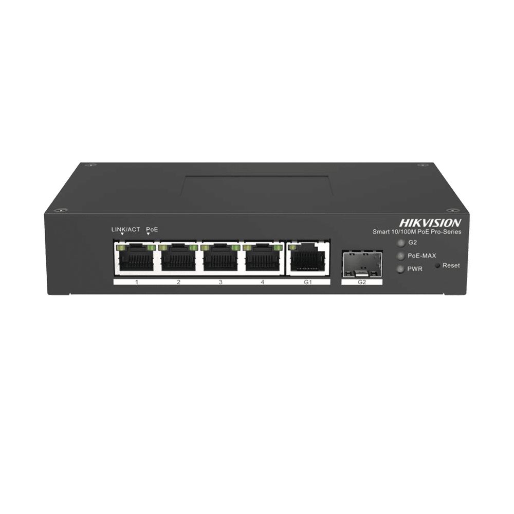 DS3T1306PSI_HS-l Switch PoE+ Industrial de Escritorio / Administrable / 4 Puertos 10/100 Mbps PoE+ / 1 Puerto 1000 Mbps Uplink / 1 Puertos SFP / Configuración Nube Hik-PartnerPro / Modo Extendido hasta 300 Metros / 60 Watts DS-3T1306P-SI/HS 1