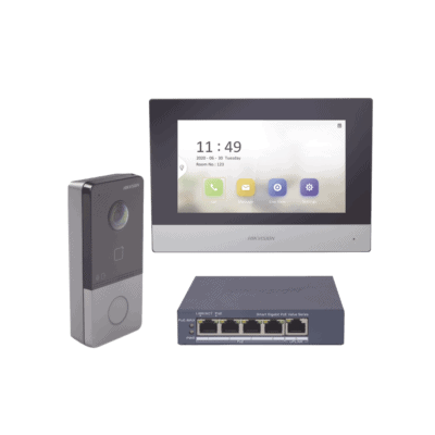 Kit de Videoportero IP + Switch Poe Poe Estandar con llamada a App de Smartphone (HikConnect) / Apertura con tarjeta MIFARE / Frente de calle IP65 / Soporta 1 Departamento