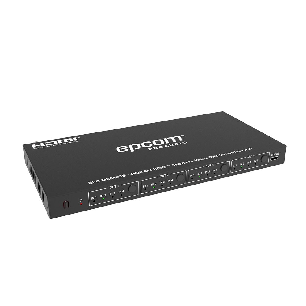 EPCMX944CS-l Matriz de Video HDMI 4x4 | Ancho de Banda 10.2 Gbps | Resolución 4K@30Hz | Escalado a 1080P, 720P, 1920x1200, 4K30 | Modos Matriz y Video Wall | Control RS-232 y Remoto Infrared EPC-MX944CS 1