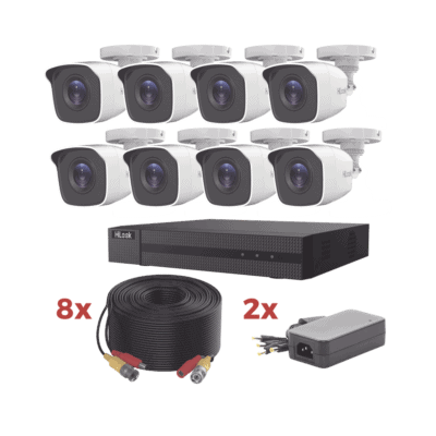 Kit TurboHD / DVR 8 Canales 1080p Lite / 8 Cámaras bala 1080p metalicas / 8 cables de 20 metros / 2 fuentes de 4 canales