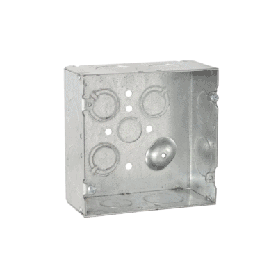 Caja Cuadrada 4 11/16" x 4 11/16"/ Profundidad 2- 1/8"/ 4 Entradas 1", 4 Entradas 3/4", 1 Entrada 1/2" y 3 TKO (1/2"-3/4").
