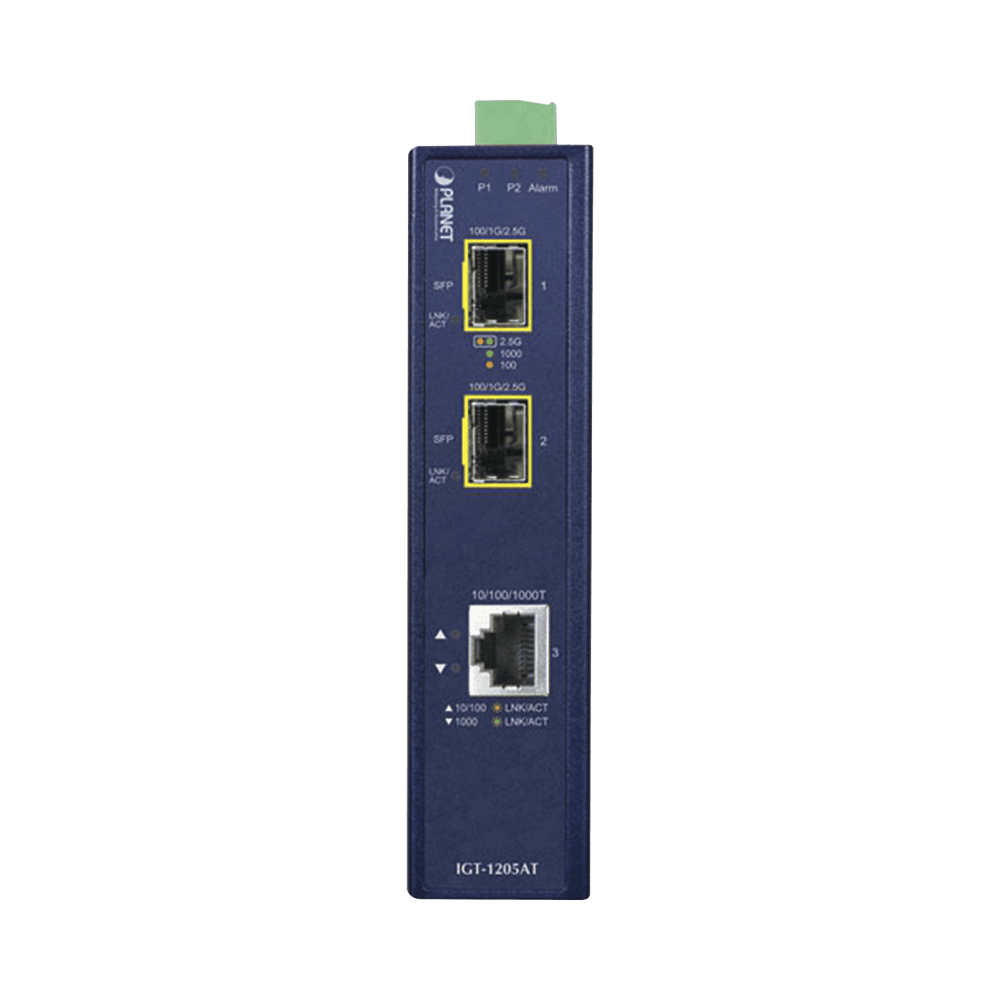 IGT1205AT-FRENTE-l Convertidor de Medios Industrial de 1 Puerto Ethernet 10/100/1000 Base-T a 2 Puertos SFP 100/1000/2500 Base-X IGT-1205AT 2