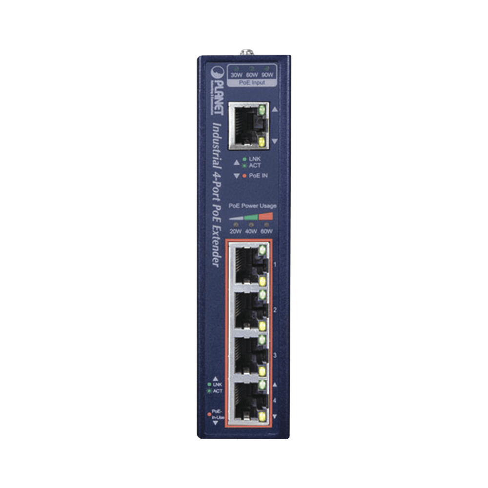 IPOEE174-FRENTE-l Extensor Industrial PoE, Entrada PoE 802.3 bt y 4 Puertos de Salida Gigabit 802.3 af/at IPOE-E174 2