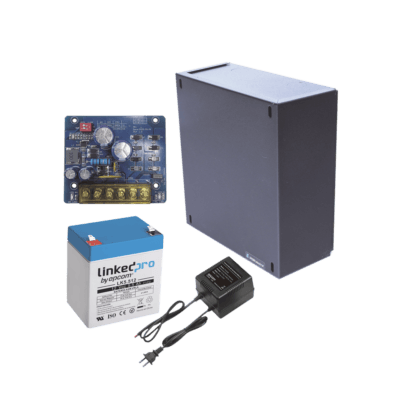 Kit con fuente PLB2 con salida de 12 Vcc a 1.5 Amper, incluye transformador y batería de 12 V a 5.5 Amper