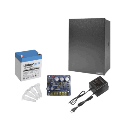 Kit con fuente PLB3 con salida de 12 Vcc a 4 Amper, incluye transformador y batería de 12 V a  5.5 Amper
