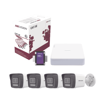 Kit IP 4 Megapixel / NVR de 4 Canales con 4 Puertos PoE / 4 Cámaras IP Bala Dual Light (IR + Luz Blanca) con Microfono Integrado y ACUSENSE Lite para Exterior/ Bobina de Cable de 100 mts / SSD de 1 TB