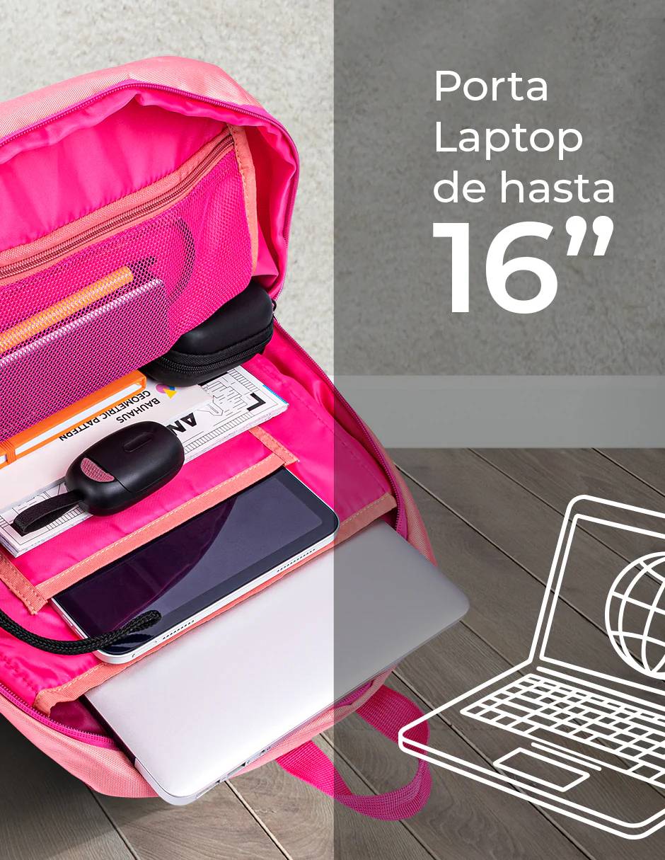 MALTCH430_3_full Backpack RAINBOW TZLBP26-R TECHZONE COLORS 16, color Rosa, 100% Poliester GARANTIA LIMITADA DE POR VIDA. 4