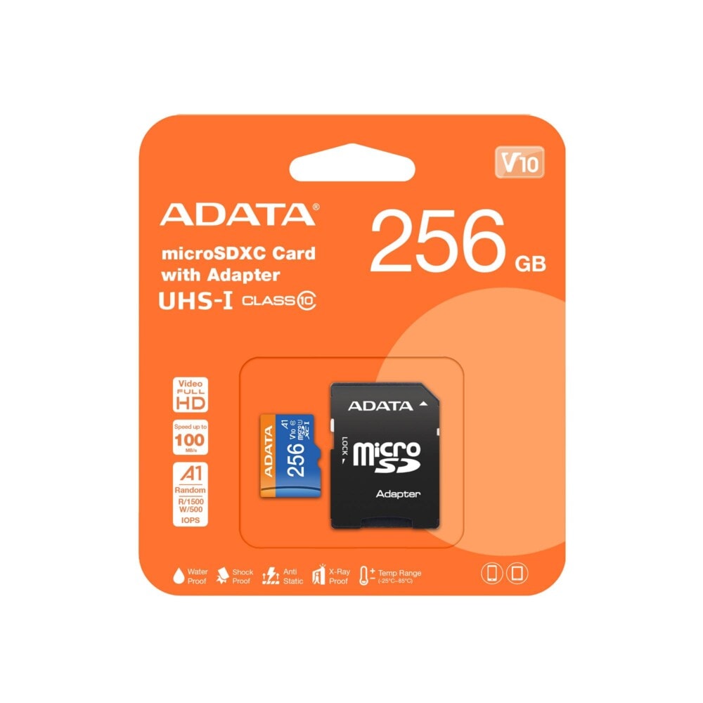 Micro SD 256GB Class 10 ADATA Premier A1 UHS-I, 256 GB, 100 MB/s, 25 MB/s, Negro, Clase 10 AUSDX256GUICL10A1-RA1 2