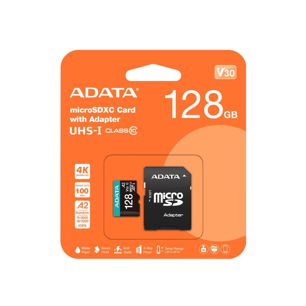 Micro Secure Digital ADATA microSDXC/SDHC UHS-I U3 V30 128GB Clase 10 (A2), Velocidad de lectura / escritura 100/85 (MB/s) AUSDX128GUI3V30SA2-RA1 3