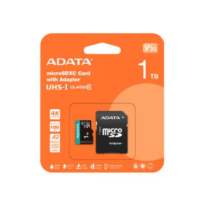 Micro Secure Digital ADATA microSDXC/SDHC UHS-I U3 V30 1TB Clase 10 (A2), Velocidad de lectura / escritura hasta 100/85 (MB/s) AUSDX1TUI3V30SA2-RA1