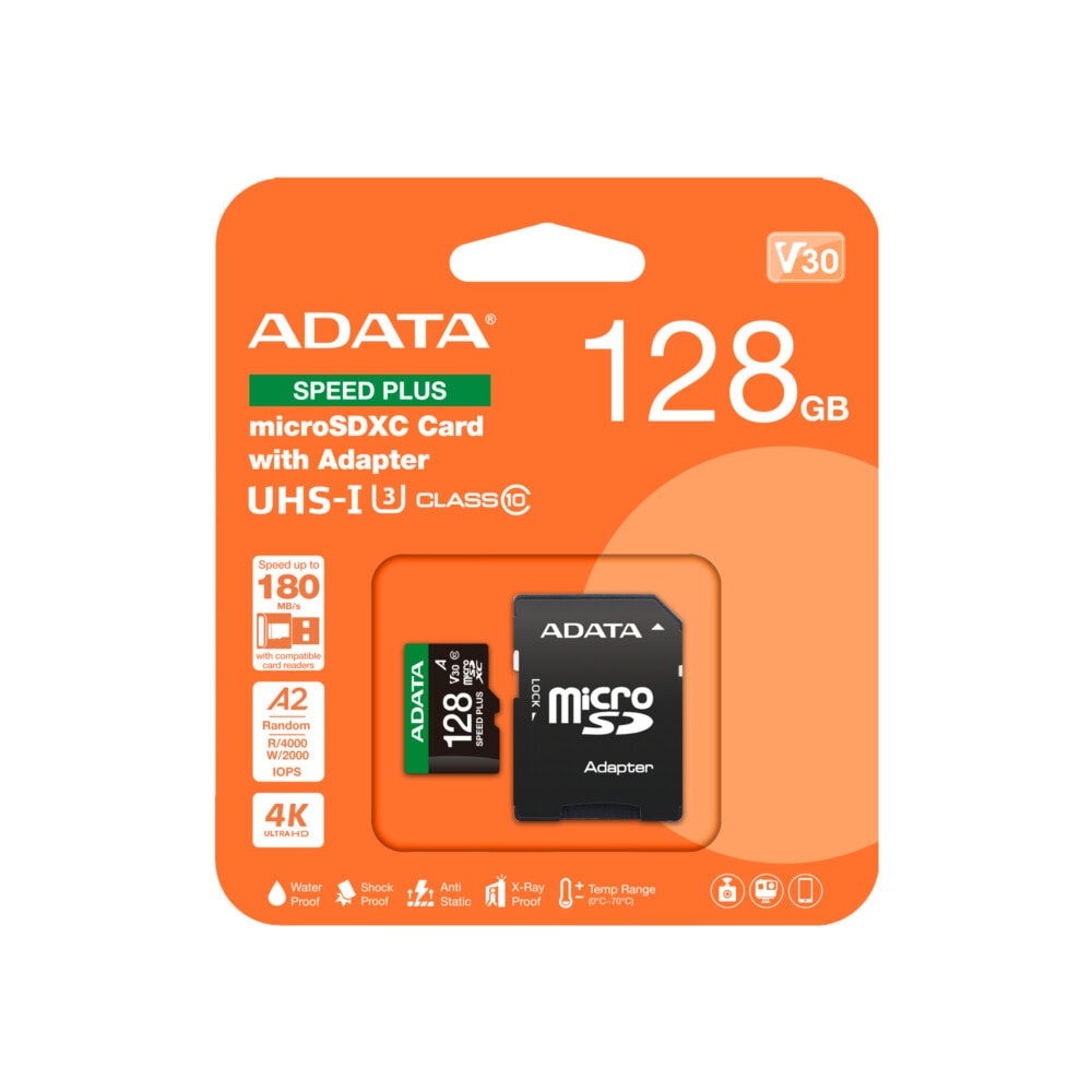 Micro Secure Digital ADATA SPEED PLUS microSDXC UHS-I U3 Clase 10, SD 6.0, V30 128GB Clase 10 (A2), Velocidad de lectura / escritura 180/160 MB/s UD128GUI3 UD128GUI3V30A2SP-RA1 3