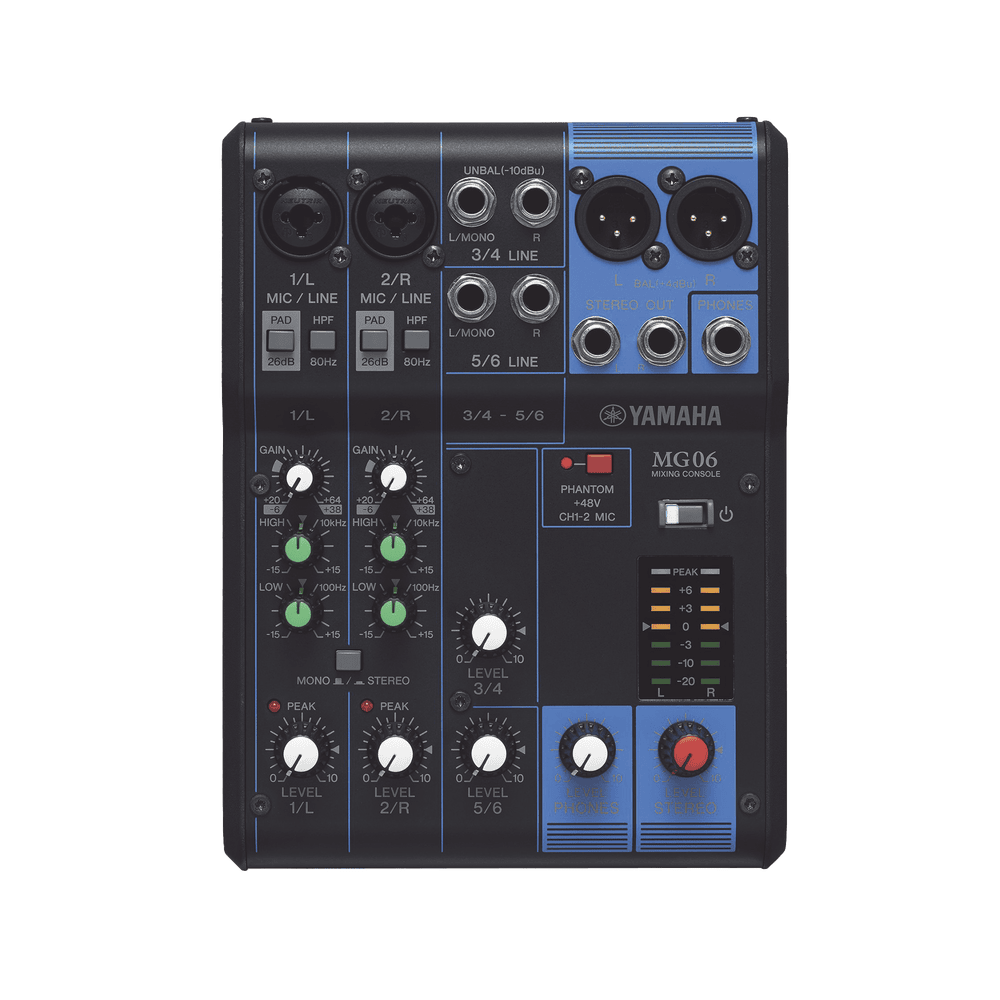 MG06-FRENTE-l Mezcladora de Audio | 6 Canales | 2 entradas de micro/6 de línea (2 mono + 2 estéreo) | Alimentación Phantom MG06 2