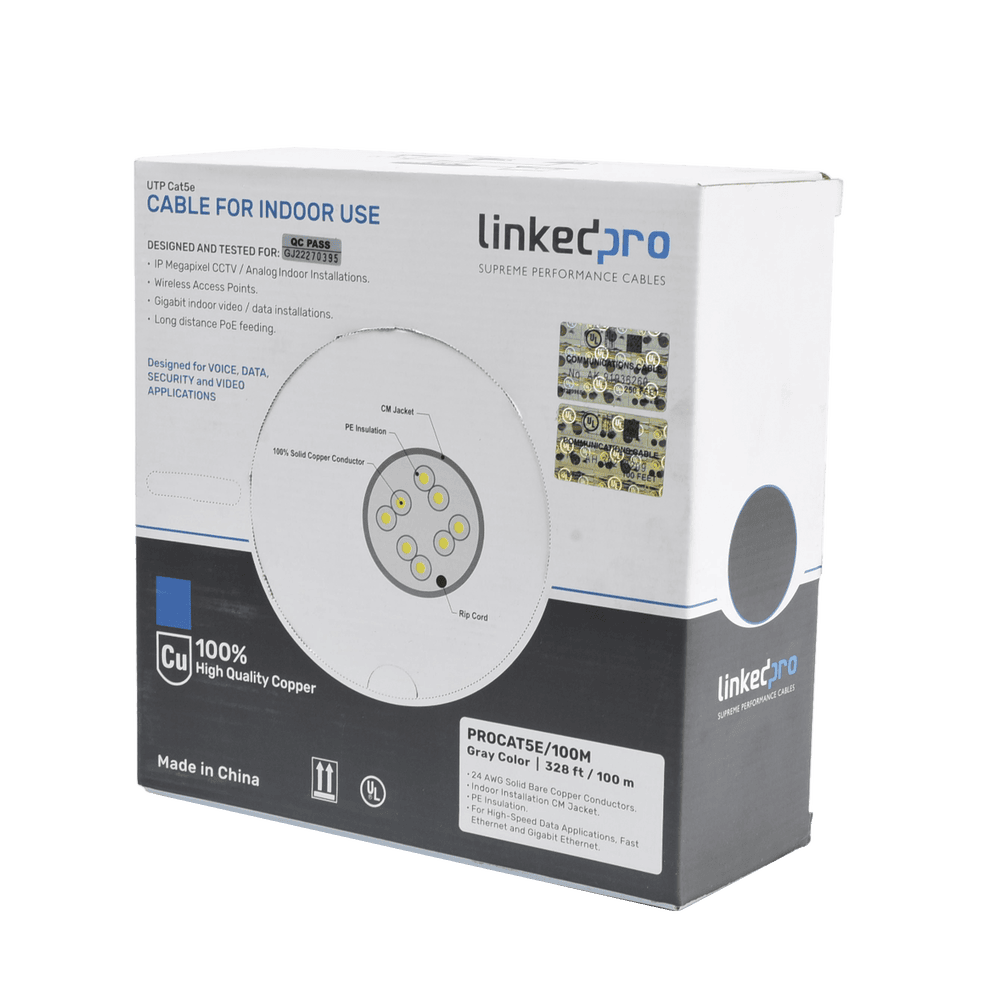 PROCAT5E_100M-l Cable Cat5e de Alto Rendimiento, con Certificaciones ETL, UL, Color Gris, de 100 Metros (328 Pies) para Aplicaciones en CCTV, Redes de Datos. Uso Interior. PRO-CAT-5E/100M 1