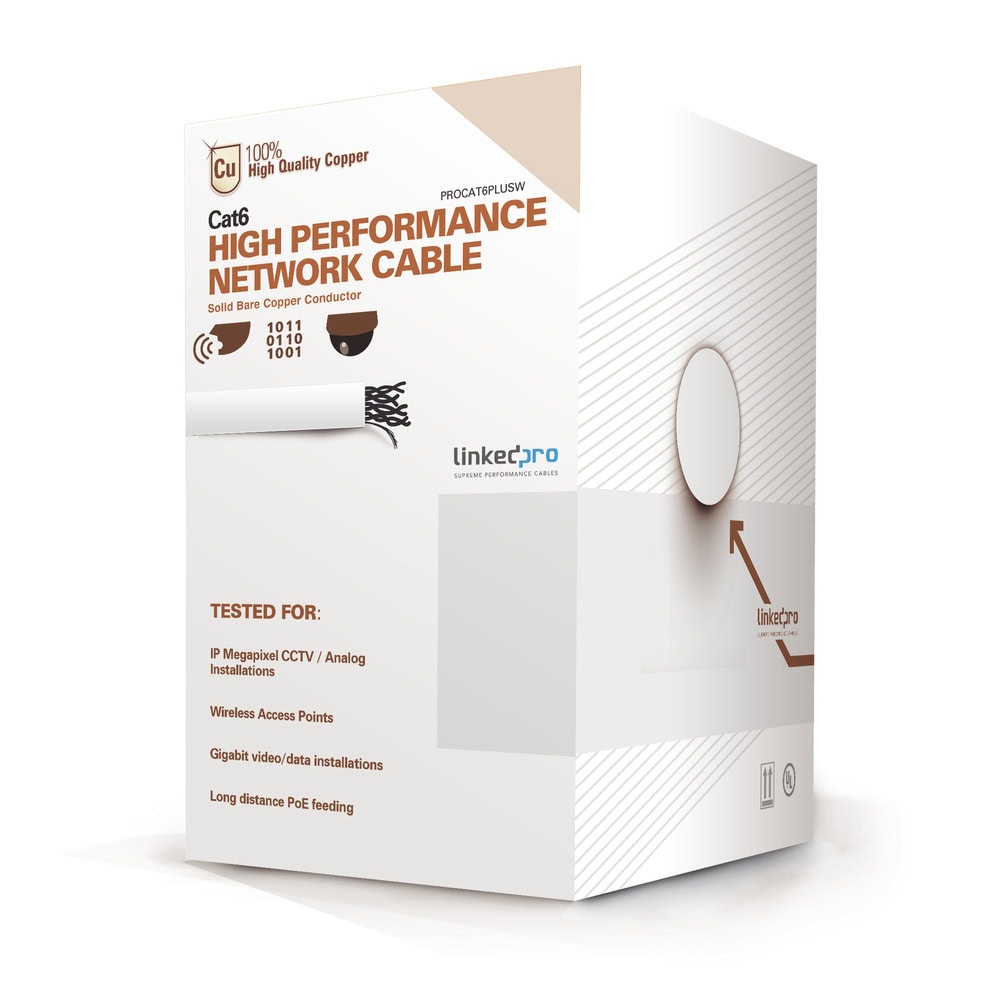 PROCAT6PLUSW-l Bobina de Cable de 305 Metros (1000 Pies) de Cable Cat6 de Alto Desempeño, Super Flexible, UL, Cobre, Color Blanco, para Aplicaciones de Video Vigilancia y Redes de Datos PRO-CAT-6-PLUSW 1