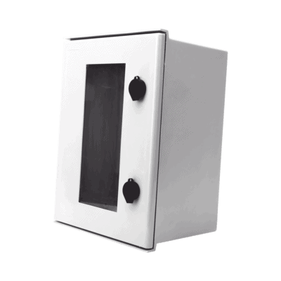 Gabinete de Poliéster IP65 Puerta Transparente, Uso en Intemperie (300 x 400 x 200 mm) con Placa Trasera Interior de Plástico (Incluye Chapa y Llave).