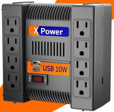 Regulador de Voltaje, Complet, Modelo ERV-9-002, Regulador de Voltaje con supresor integrado. XPOWER 1300 USB. 1,300VA. 650W. 504J. 8 contactos.