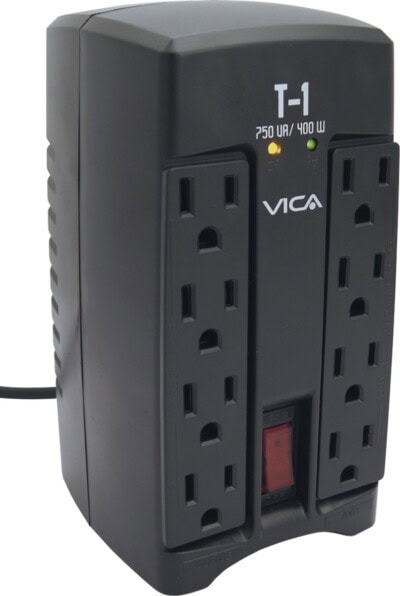 Regulador VICA T1 750VA/400WATTS - Voltaje 120 VCA +/-10% 60Hz - breaker térmico - 8 tomas protegidas - indicadores LED - empotrable en pared