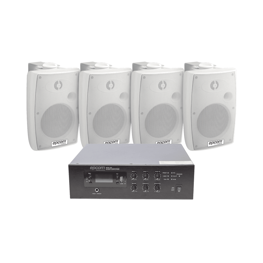SFB120_4WSW-l KIT de Amplificador de 120W para Escritorio | 4 Altavoces de Pared color Blanco 2.5W - 20W | Sistema 70/100V SFB120/4WSW 1