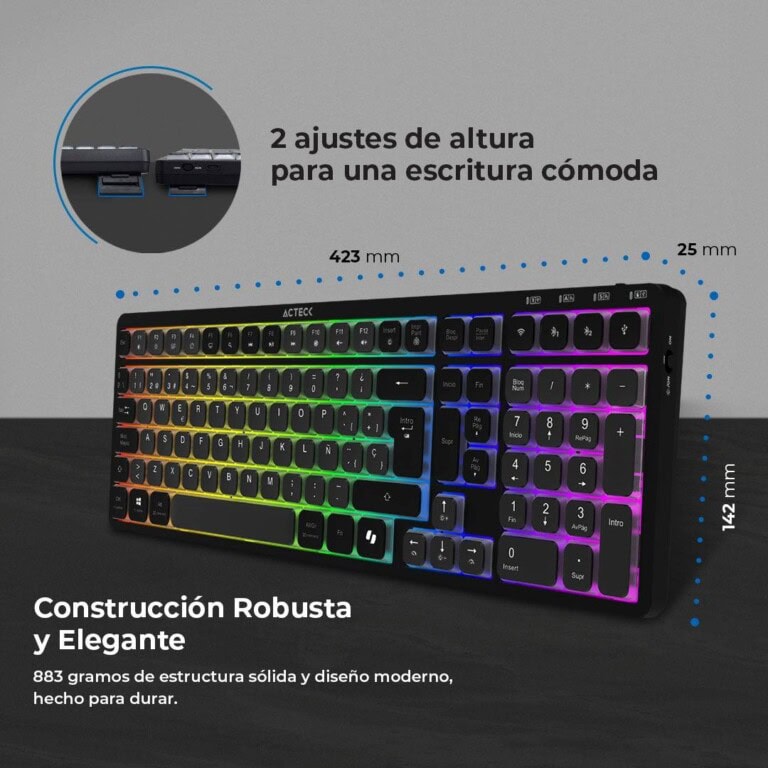 Teclado Inalámbrico RGB Techno PRO TI790 Acteck Elite Series Iluminación RGB, Teclado Multidispositivo Inalámbrico, Dongle 2.4Mhz, Bluetooth TECACT200_2_full