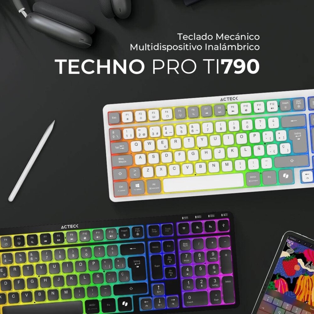 Teclado Inalámbrico RGB Techno PRO TI790 Acteck Elite Series Iluminación RGB, Teclado Multidispositivo Inalámbrico, Dongle 2.4Mhz, Bluetooth, Cable 1.8m AC-940078 4
