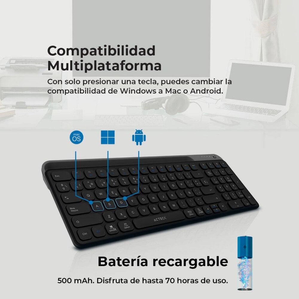 Teclado Inalámbrico Multidispositivos INSPIRE TREK TI747 AC-940108 Acteck Elite Series Bluetooth 5.1, Dongle 2.4 MHz AC-940108 3