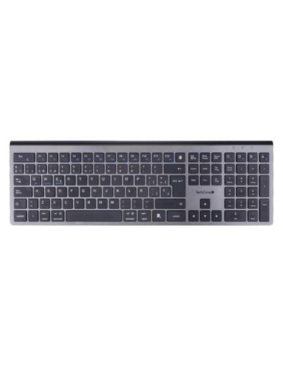 Teclado HEFESTOS recargable con conexión Bluetooth TECHZONE TZACTCB01 color plata, QWERTY. Compatibilidad: Windows, Android y MacOS.