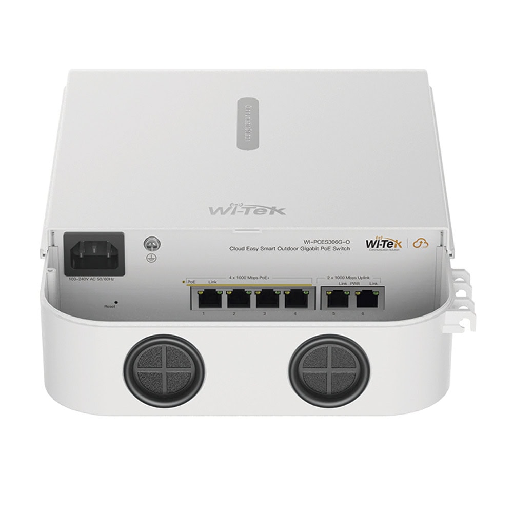 WIPCES206O-AD-1-l Switch PoE para exterior / Administración en la nube / Con 4 puertos 10/100 Mbsp PoE af/at / 2 Puertos Uplink 10/100 MBPS / Presupuesto 60 W / PoE hasta 250 metros / Soporta protocolo ONVIF WI-PCES206-O 4