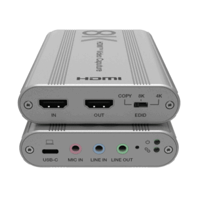 Tarjeta de Captura HDMI 8K a USB 3.2 Gen 1 | Resolución 8K@60Hz y 4K2K@144Hz | Ancho de Banda 48Gbps | Mezcla de Audio HDMI-Micrófono-Línea | Compatibilidad Multiplataforma Windows-macOS-Linux | Carcasa de Aluminio Plateado