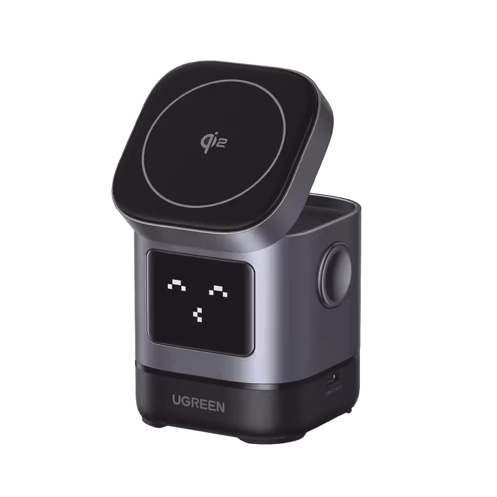 45775-l Cargador Inalámbrico Robot 2 en 1 UGREEN Qi2 / 15W Ultra Rápido para iPhone / 5W para AirPods / Pantalla Inteligente con Expresiones / Imanes N48H / Puerto USB-C 5W para Apple Watch / Compatibilidad MPP 45775 1