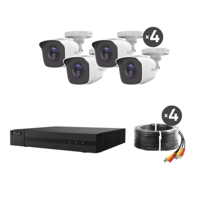 KIT TurboHD 1080p / DVR 4 canales / 4 Cámaras Bala de Metal / H.265+ / 1 Fuente de Poder Profesional / Accesorios de Instalación