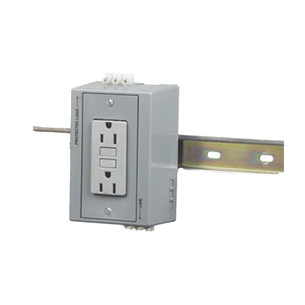 HUBDRUBGFI15-l Caja Utilitaria para Montaje en Riel Din con Contacto Duplex de 15 A 125 V / Nema 5-15R / Gris. HUB-DRUB-GFI15 1