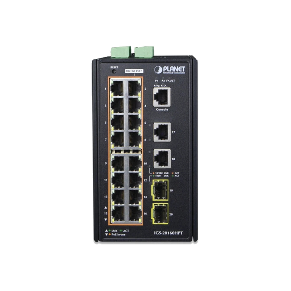 IGS20160HPT-FRENTE-l Switch Industrial Administrable 16 puertos 10/100/1000 T 802.3at PoE + 2 Puertos 10/100/1000 T + 2 puertos 100/1000 X SFP IGS-20160HPT 2