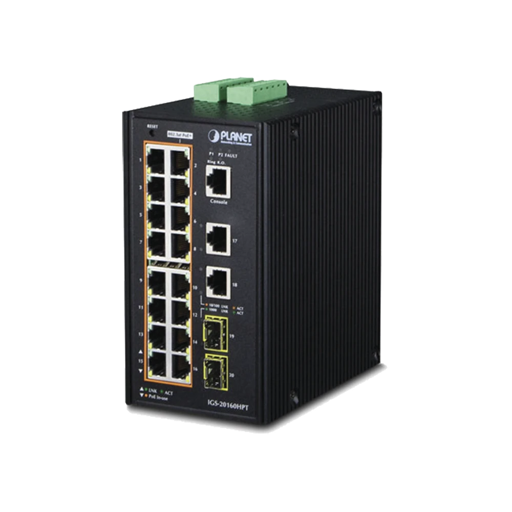 IGS20160HPT-l Switch Industrial Administrable 16 puertos 10/100/1000 T 802.3at PoE + 2 Puertos 10/100/1000 T + 2 puertos 100/1000 X SFP IGS-20160HPT 1