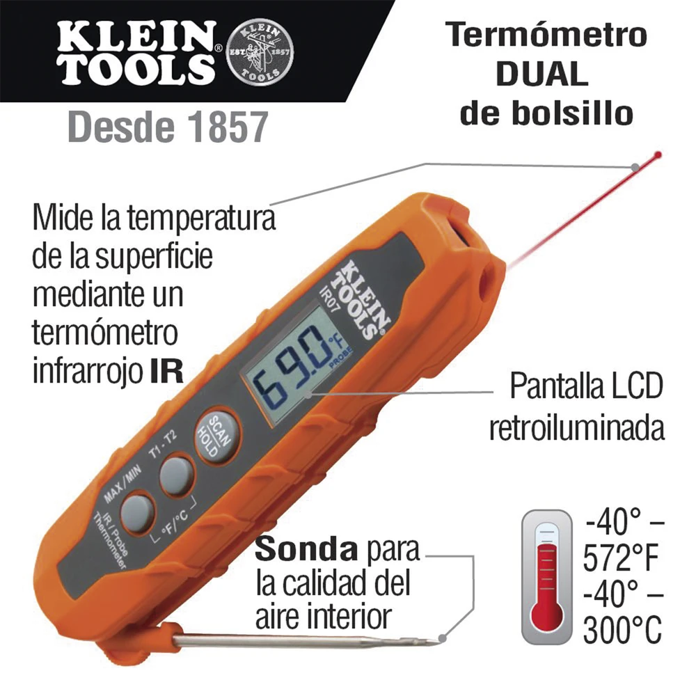 IR07-AD-4-l-1 Termómetro Doble IR/Sonda con Medición ºC y ºF. Con Pantalla Retroiluminada IR-07 5