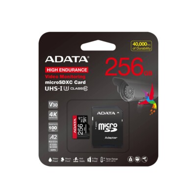 Micro Secure Digital ADATA HIGH ENDURANCE (alta durabilidad) microSDXC UHS-I U3, SD6.0 Clase 10, V30 256GB Clase 10 (A2), Velocidad de lectura / escritura