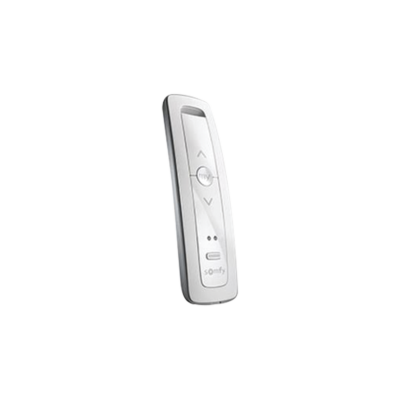 Control remoto 2 canales para motores de persiana Somfy con señal inalámbrica, instrucciones: sube, baja y detener, con posición favorita programada.