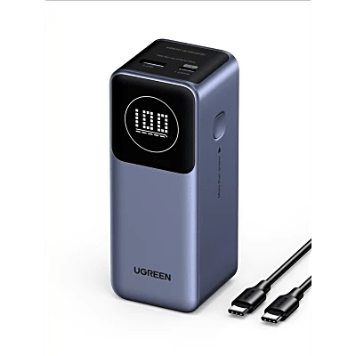 Power Bank de 12000mAh | 2 Salidas 100W Max. | USB-A + 1 USB-C | PD 3.0 | QC3.0 | FCP | SCP | Pantalla Inteligente | Carcasa Ignifuga | Color Gris | Incluye Cable USB de 50cm | Carga tu Laptop de Manera Segura.