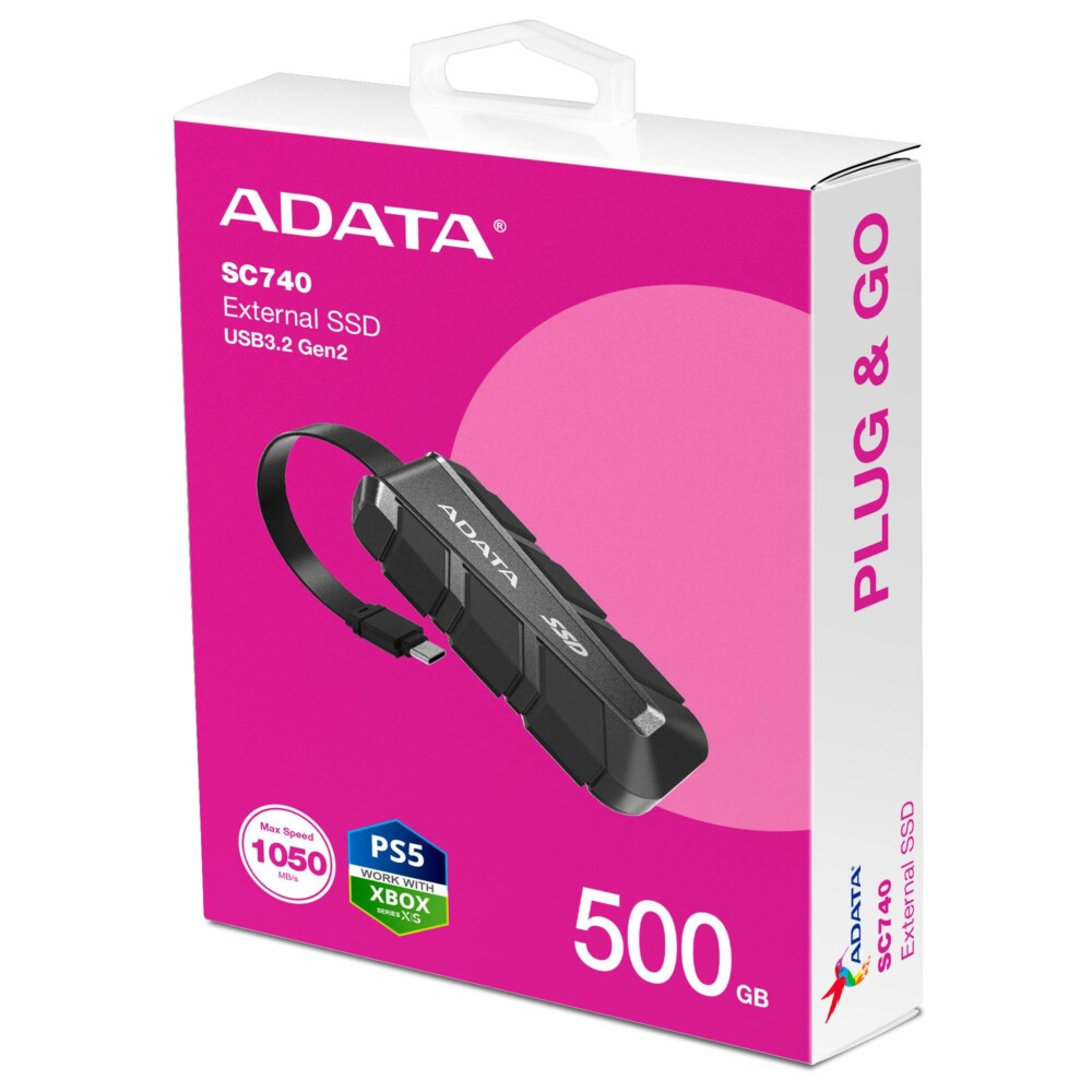 SSD Externo ADATA SC740 1TB. USB tipo C incorporado, 1.050/1.000 MB/s de lectura/escritura, Resistente a caídas MIL-STD de 1,22 m.  NEGRO.SC740-1000G-CBK  SC740-1000G-CBK 4