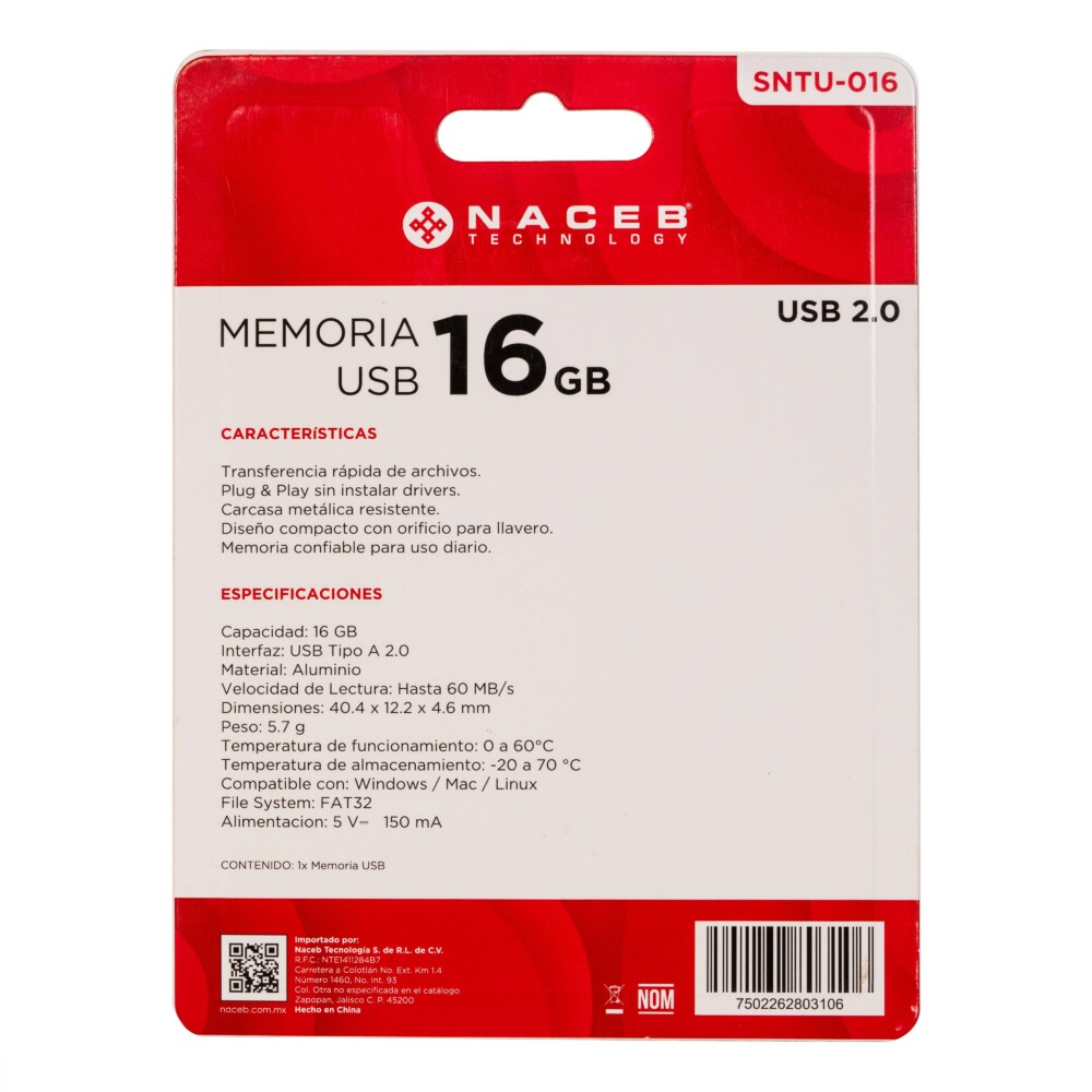 MEMORIA NACEB CAPACIDAD 16 GB USB INTERFAZ USB A 2.0 USB-U106-20-16GB 3