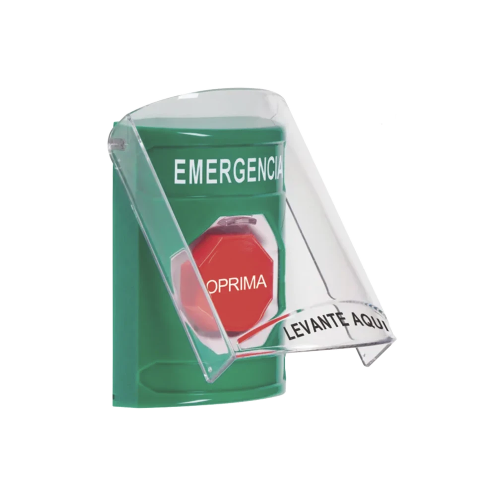 SS21A2EMES-l Botón Multipropósito, Color Verde, De Superficie, Con Tapa De Policarbonato, Con Bocina Pre Alarma, Solo Interior, Llave Para Restablecer, Texto De Emergencia, Español SS21A2EM-ES 1
