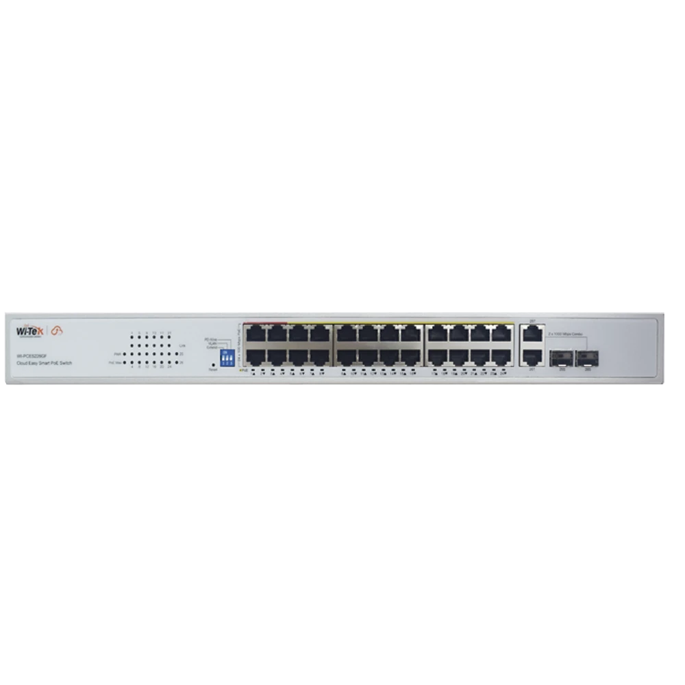 WIPCES226GF-l Switch PoE (802.3af/at/bt) / No administrable de largo alcance / Hasta 250m / Con 24 x 10/100Mbps + 2 x SFP Gigabit Combo / 250 W WI-PCES226GF 1
