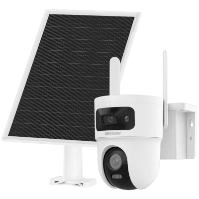 Kit Solar IP All in One Doble Lente / AOV / PT IP 4 Megapixel Lente 4 mm / Fijo 4 Megapixel Lente 2.8 mm / Panel Solar + Batería de Respaldo de Litio (9000 mAh) / Conexión 4G / Audio de Dos Vías / Dual Light / IP66 / Micro SD