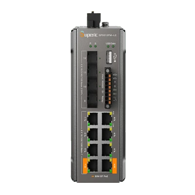 Switch de Red SP5012FM-L2 (V2) / 8 Puertos 10/100/1000Mbps PoE / 4 Puertos SFP 1000M/2.5G/10Gbps / Capacidad de Conmutación 96Gbps / Alimentación Dual DC / Instalación DIN-rail, Pared o Escritorio / Certificaciones CE, FCC, RoHS, UKCA