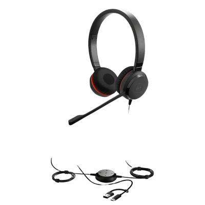 Jabra Evolve 30 II Duo MS con conexión USB C/A y 3.5mm, micrófono con cancelación de ruido y controlador en el cable con botones e indicadores LED (5399-823-369))